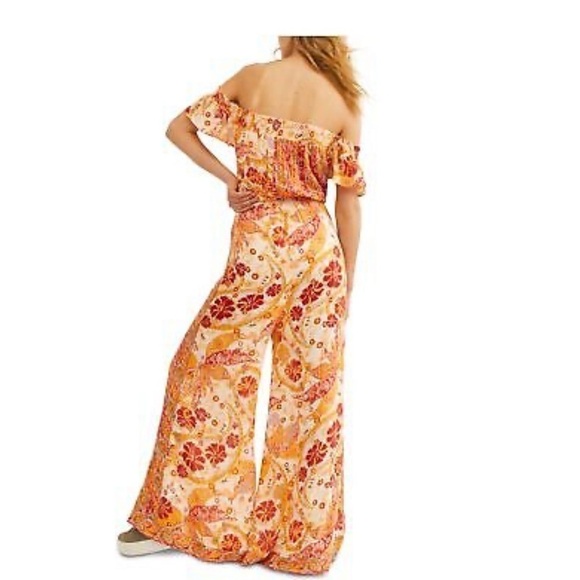 Free People Carmen Vibrant Orange Boho print off the shoulder Wide Leg Jumpsuit - Picture 11 of 11